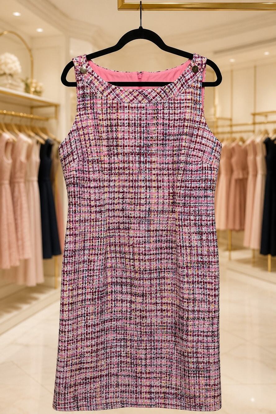 Talbots RSVP Pink Tweed Sheath Dress Womens 14 Sleeveless Shoulder Button NWT